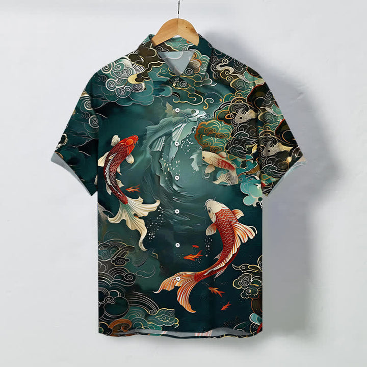 Buddha Stones Koszula męska z krótkim rękawem, oddychająca, z falami i chmurami w stylu vintage z motywem ryby koi - Cyraneczka - US/UK/AU48， EU58 (4XL) - image 0