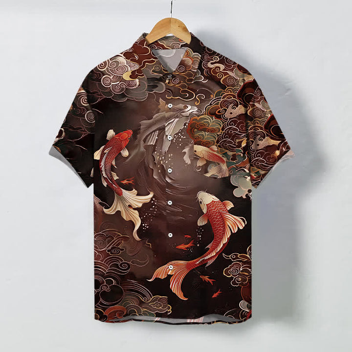 Buddha Stones Koszula męska z krótkim rękawem, oddychająca, z falami i chmurami w stylu vintage z motywem ryby koi - SaddleBrown - US/UK/AU48， EU58 (4XL) - image 5
