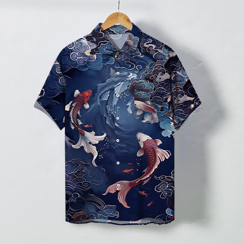 Buddha Stones Koszula męska z krótkim rękawem, oddychająca, z falami i chmurami w stylu vintage z motywem ryby koi - Marynarka wojenna - US/UK/AU48， EU58 (4XL) - image 7