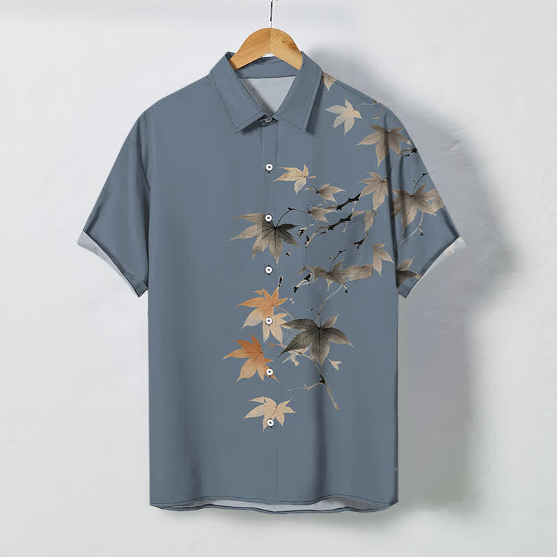 Buddha Stones Koszula męska z krótkim rękawem, oddychająca, z guzikami w jesienny wzór gałęzi klonu - LightSteelBlue - US/UK/AU48， EU58 (4XL) - image 5
