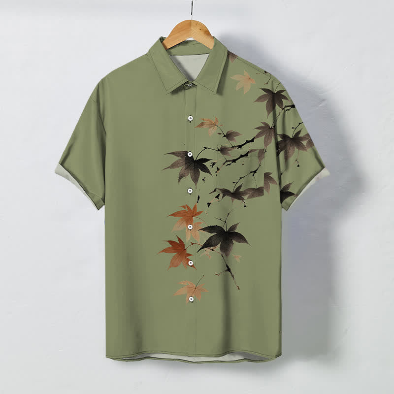 Buddha Stones Koszula męska z krótkim rękawem, oddychająca, z guzikami w jesienny wzór gałęzi klonu - Ciemny Khaki - US/UK/AU48， EU58 (4XL) - image 7