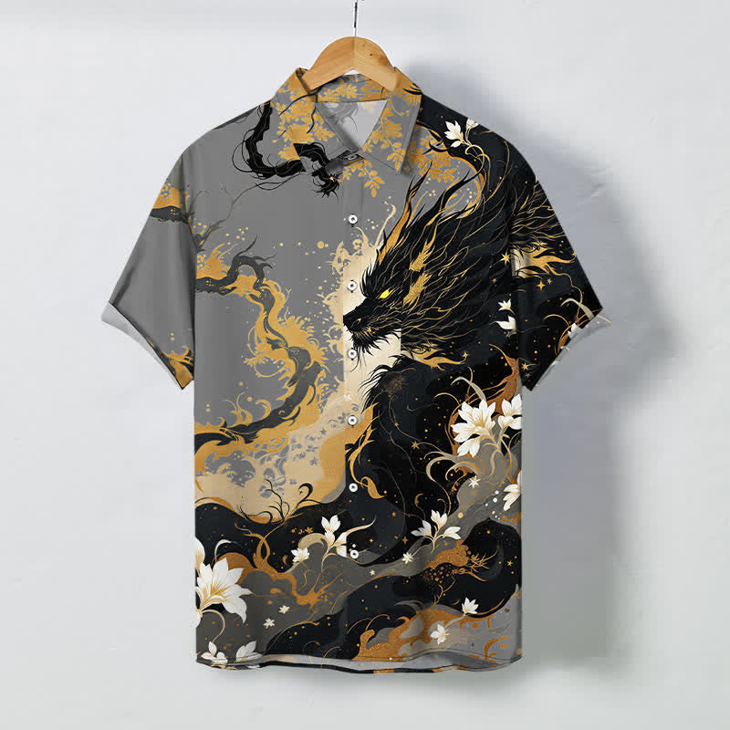 Buddha Stones Koszula męska z krótkim rękawem, oddychająca, z motywem kwiatowym i złotym smokiem w chmurach - DimGray - US/UK/AU48， EU58 (4XL) - image 5