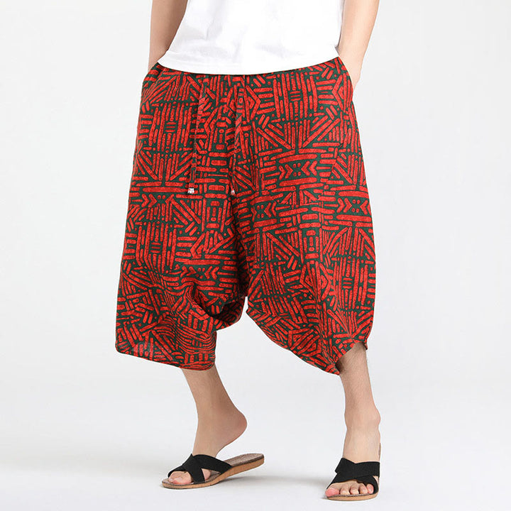 Buddha Stones Letnie, swobodne spodnie capri w stylu boho ze ściągaczem i abstrakcyjną geometrią, męskie spodnie haremowe z kieszenią - Czerwony - US/UK/AU46， EU56 (5XL) - image 16