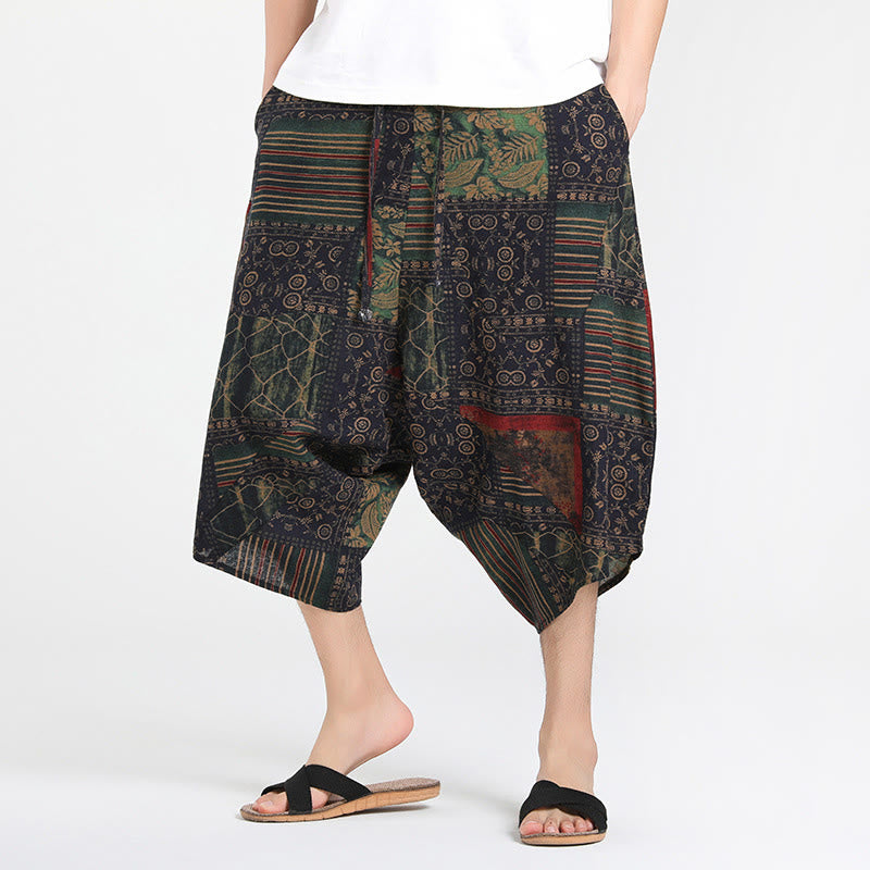 Buddha Stones Letnie, swobodne spodnie capri w stylu boho ze ściągaczem i abstrakcyjną geometrią, męskie spodnie haremowe z kieszenią - DarkSeaGreen - US/UK/AU46， EU56 (5XL) - image 8