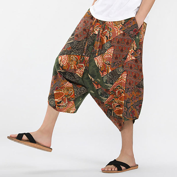 Buddha Stones Letnie, swobodne spodnie capri w stylu boho ze ściągaczem i abstrakcyjną geometrią, męskie spodnie haremowe z kieszenią - image 5