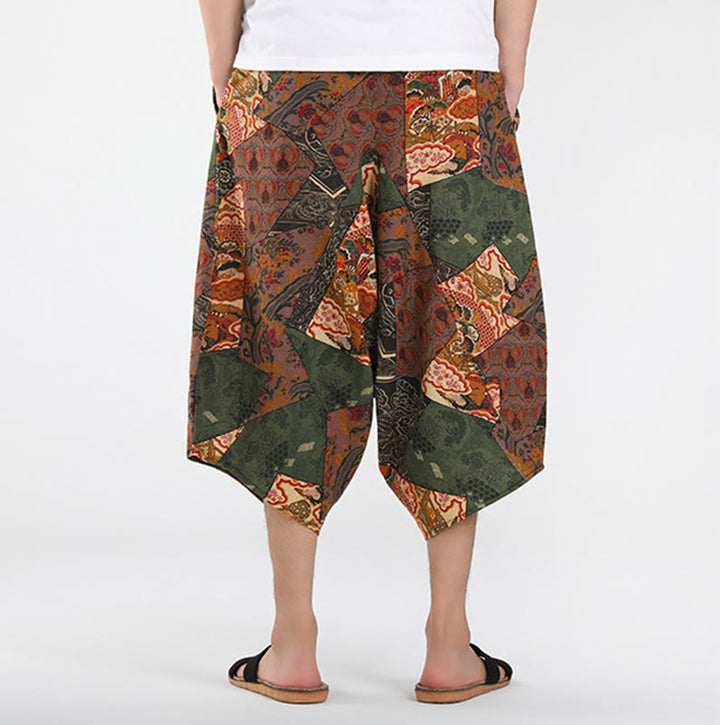 Buddha Stones Letnie, swobodne spodnie capri w stylu boho ze ściągaczem i abstrakcyjną geometrią, męskie spodnie haremowe z kieszenią - image 3