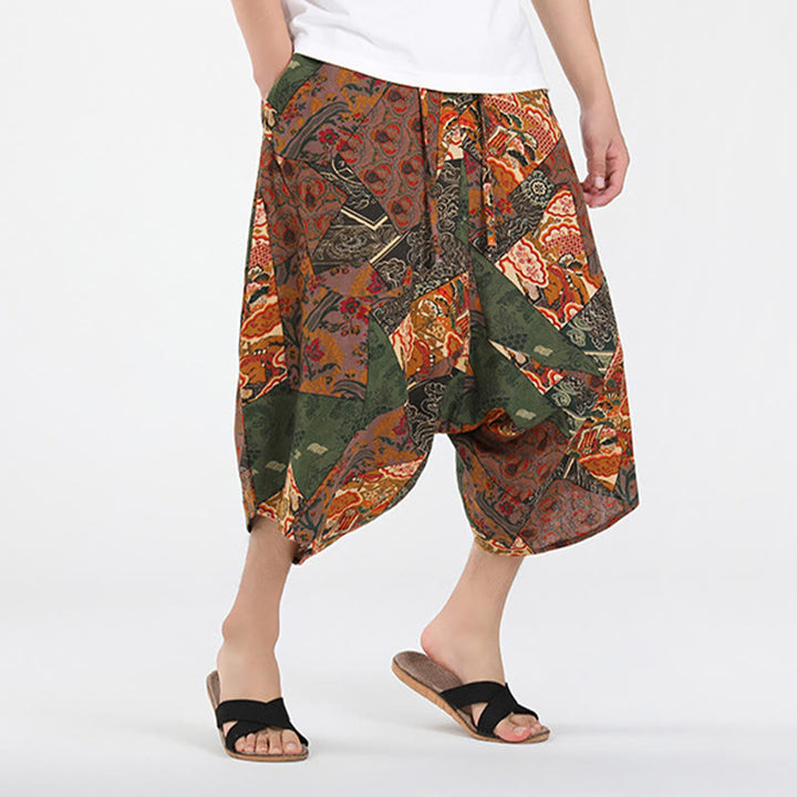 Buddha Stones Letnie, swobodne spodnie capri w stylu boho ze ściągaczem i abstrakcyjną geometrią, męskie spodnie haremowe z kieszenią - image 2