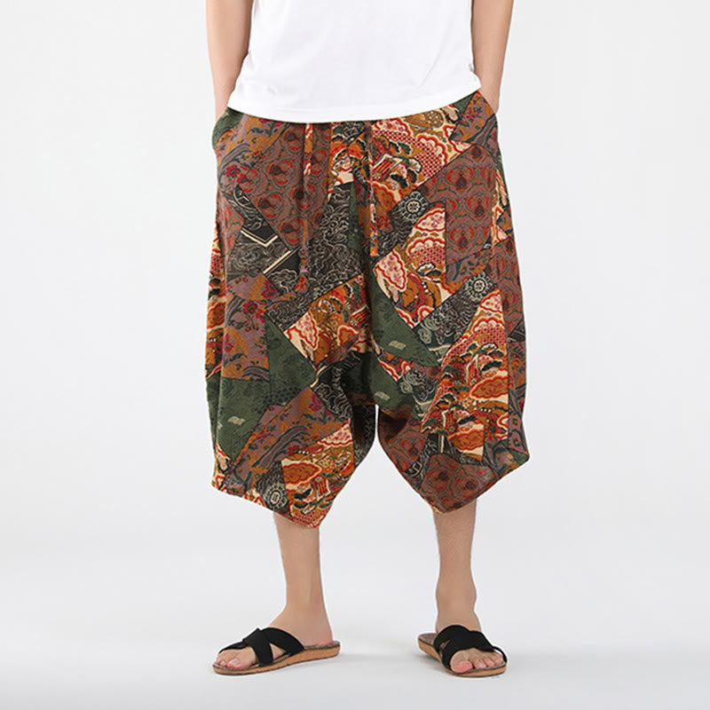 Buddha Stones Letnie, swobodne spodnie capri w stylu boho ze ściągaczem i abstrakcyjną geometrią, męskie spodnie haremowe z kieszenią - image 1
