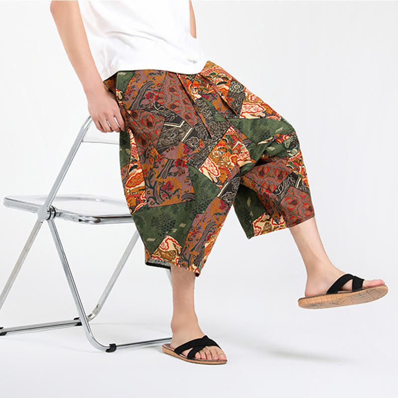 Buddha Stones Letnie, swobodne spodnie capri w stylu boho ze ściągaczem i abstrakcyjną geometrią, męskie spodnie haremowe z kieszenią - image 7