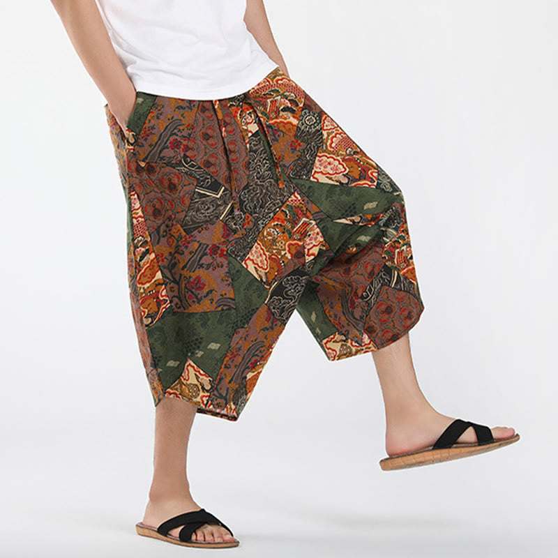 Buddha Stones Letnie, swobodne spodnie capri w stylu boho ze ściągaczem i abstrakcyjną geometrią, męskie spodnie haremowe z kieszenią - image 4