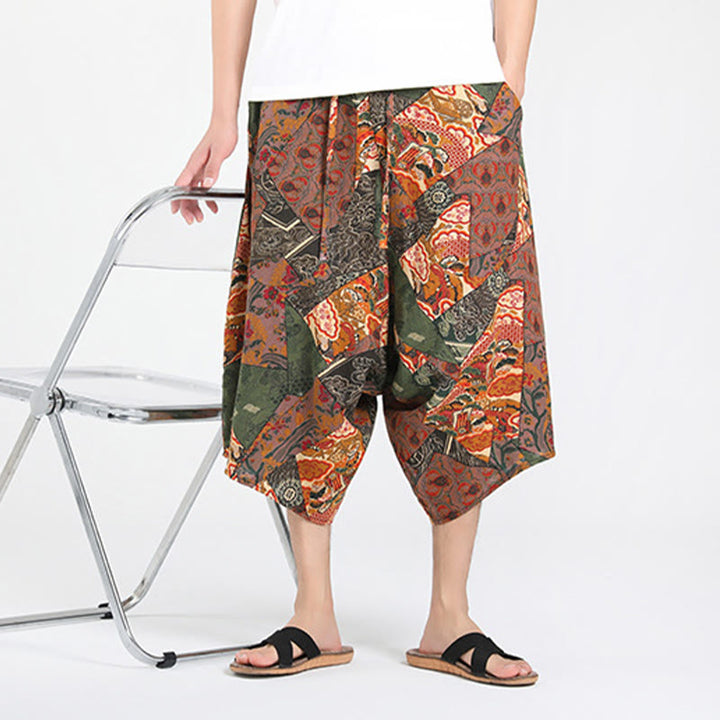 Buddha Stones Letnie, swobodne spodnie capri w stylu boho ze ściągaczem i abstrakcyjną geometrią, męskie spodnie haremowe z kieszenią - image 6