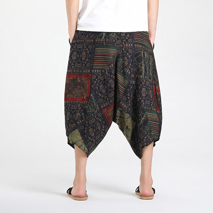Buddha Stones Letnie, swobodne spodnie capri w stylu boho ze ściągaczem i abstrakcyjną geometrią, męskie spodnie haremowe z kieszenią - image 12