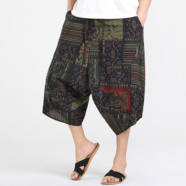 Buddha Stones Letnie, swobodne spodnie capri w stylu boho ze ściągaczem i abstrakcyjną geometrią, męskie spodnie haremowe z kieszenią - image 14