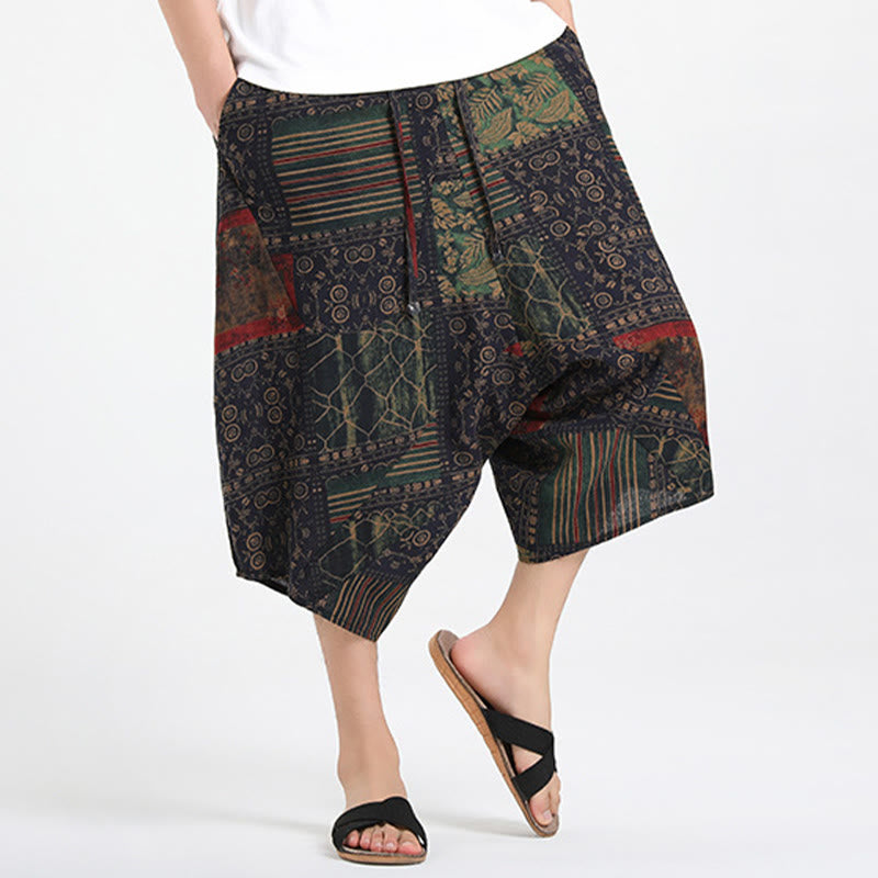 Buddha Stones Letnie, swobodne spodnie capri w stylu boho ze ściągaczem i abstrakcyjną geometrią, męskie spodnie haremowe z kieszenią - image 13