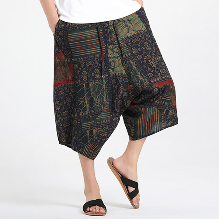 Buddha Stones Letnie, swobodne spodnie capri w stylu boho ze ściągaczem i abstrakcyjną geometrią, męskie spodnie haremowe z kieszenią - image 13