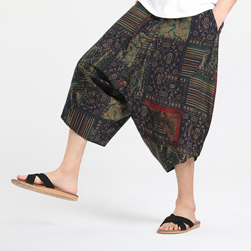 Buddha Stones Letnie, swobodne spodnie capri w stylu boho ze ściągaczem i abstrakcyjną geometrią, męskie spodnie haremowe z kieszenią - image 15