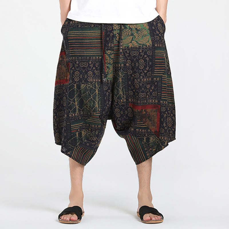 Buddha Stones Letnie, swobodne spodnie capri w stylu boho ze ściągaczem i abstrakcyjną geometrią, męskie spodnie haremowe z kieszenią - image 9