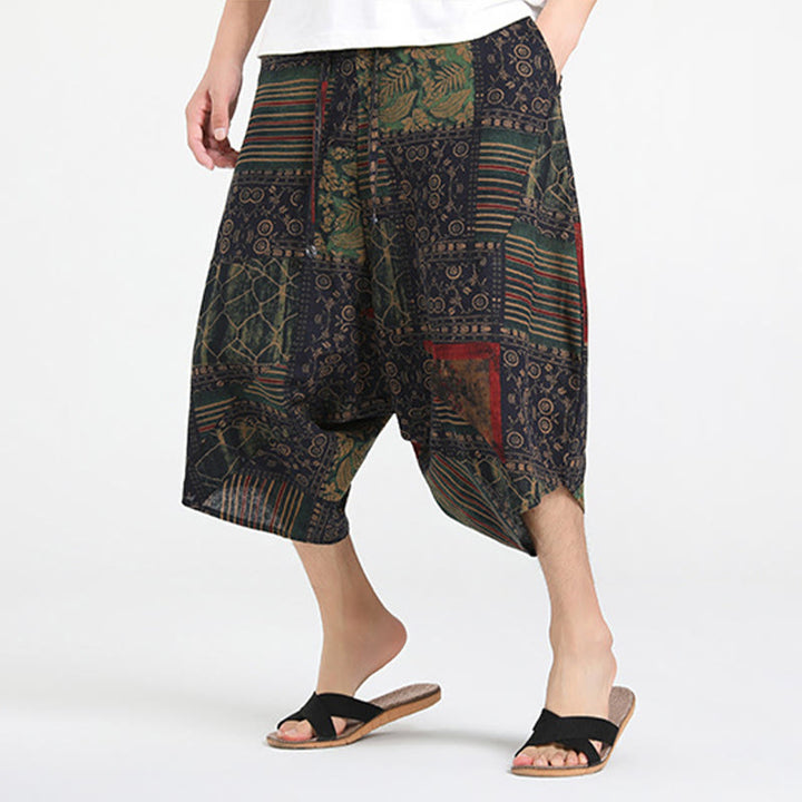 Buddha Stones Letnie, swobodne spodnie capri w stylu boho ze ściągaczem i abstrakcyjną geometrią, męskie spodnie haremowe z kieszenią - image 11
