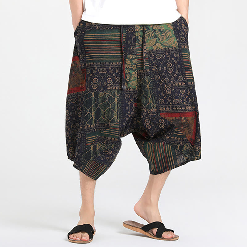 Buddha Stones Letnie, swobodne spodnie capri w stylu boho ze ściągaczem i abstrakcyjną geometrią, męskie spodnie haremowe z kieszenią - image 10