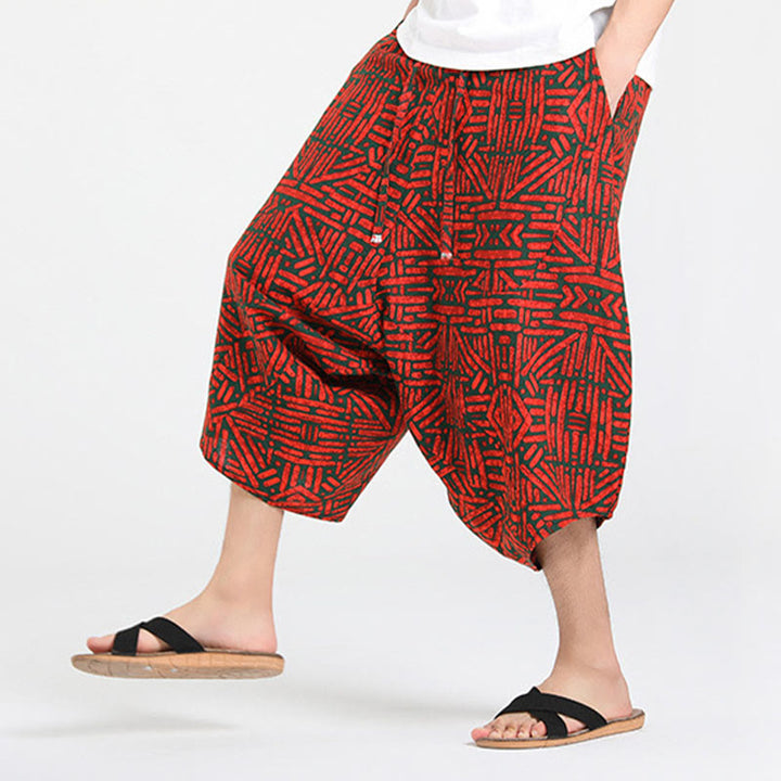 Buddha Stones Letnie, swobodne spodnie capri w stylu boho ze ściągaczem i abstrakcyjną geometrią, męskie spodnie haremowe z kieszenią - image 23