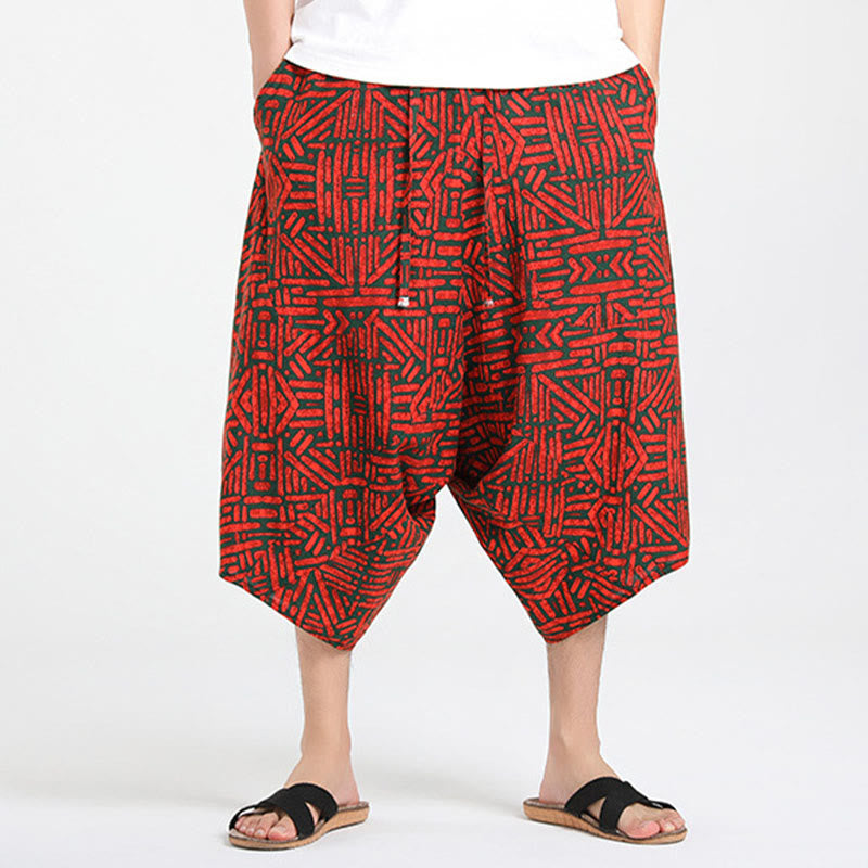 Buddha Stones Letnie, swobodne spodnie capri w stylu boho ze ściągaczem i abstrakcyjną geometrią, męskie spodnie haremowe z kieszenią - image 17