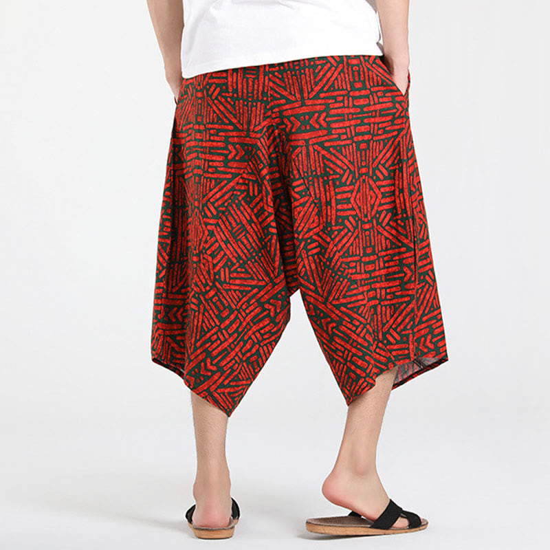 Buddha Stones Letnie, swobodne spodnie capri w stylu boho ze ściągaczem i abstrakcyjną geometrią, męskie spodnie haremowe z kieszenią - image 19