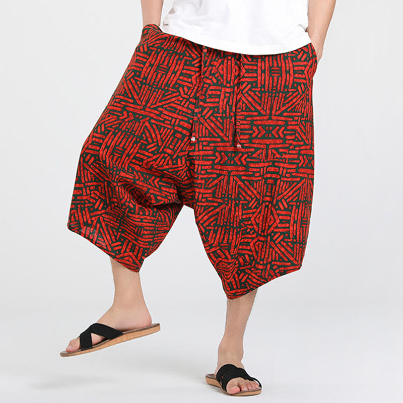 Buddha Stones Letnie, swobodne spodnie capri w stylu boho ze ściągaczem i abstrakcyjną geometrią, męskie spodnie haremowe z kieszenią - image 21