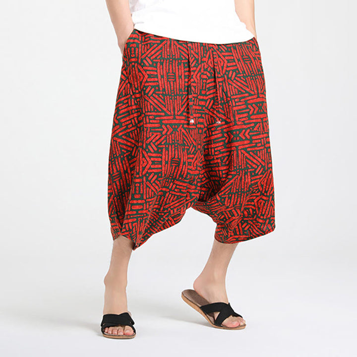 Buddha Stones Letnie, swobodne spodnie capri w stylu boho ze ściągaczem i abstrakcyjną geometrią, męskie spodnie haremowe z kieszenią - image 18