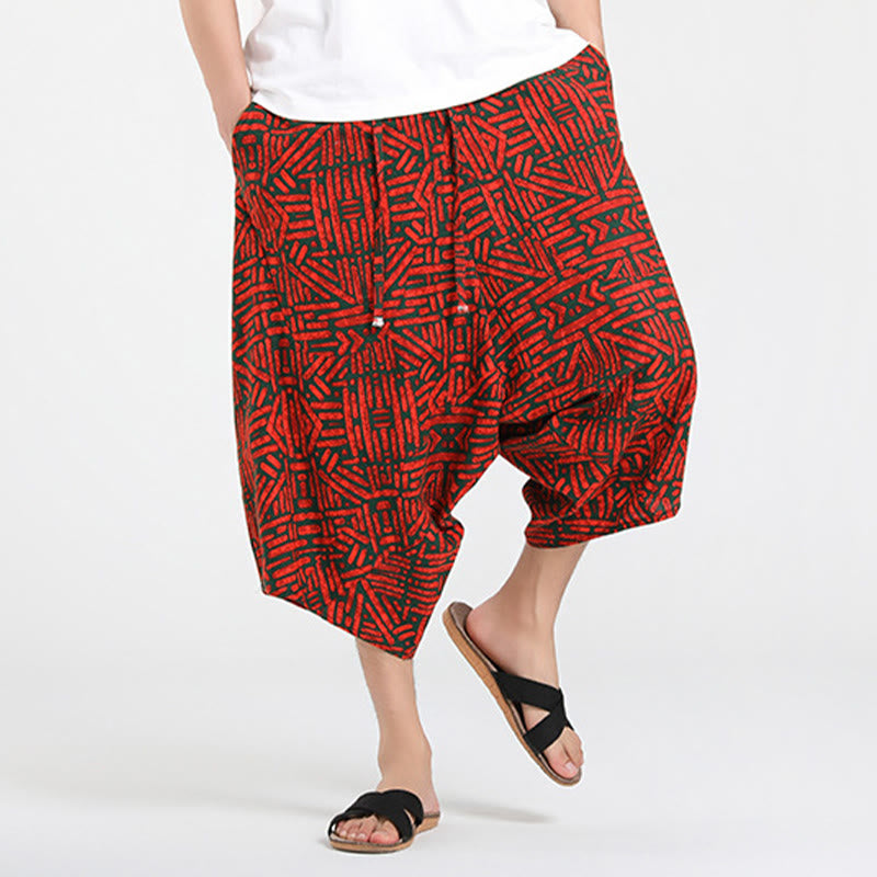 Buddha Stones Letnie, swobodne spodnie capri w stylu boho ze ściągaczem i abstrakcyjną geometrią, męskie spodnie haremowe z kieszenią - image 20