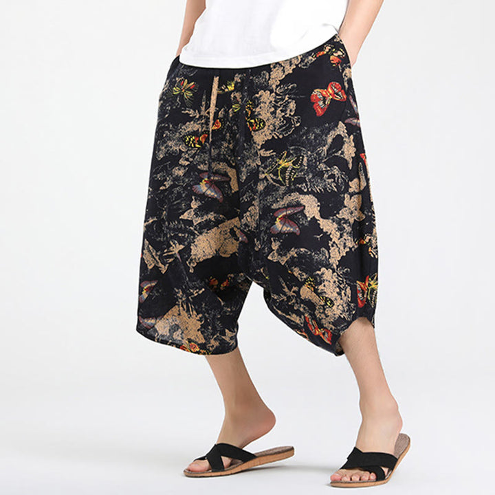 Buddha Stones Letnie, swobodne spodnie capri w stylu boho ze ściągaczem i abstrakcyjną geometrią, męskie spodnie haremowe z kieszenią - image 29