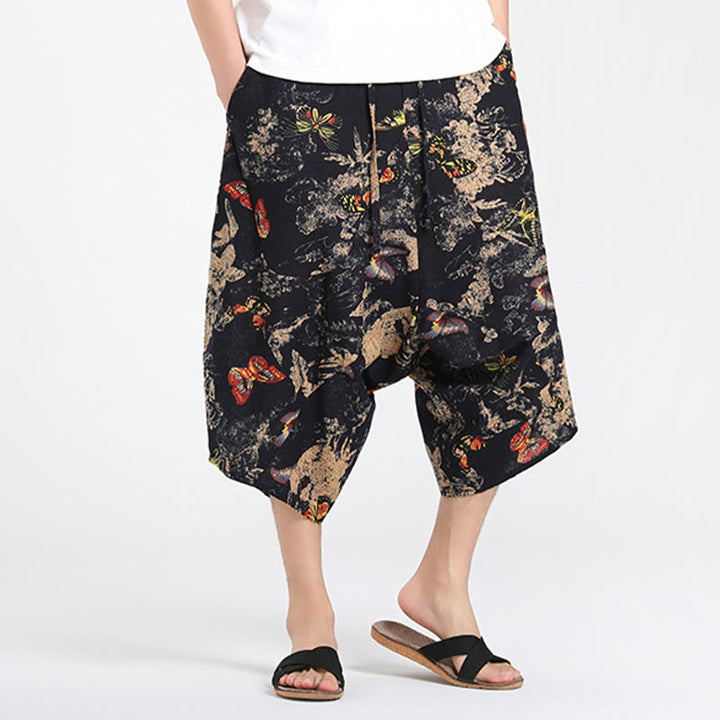 Buddha Stones Letnie, swobodne spodnie capri w stylu boho ze ściągaczem i abstrakcyjną geometrią, męskie spodnie haremowe z kieszenią - image 25