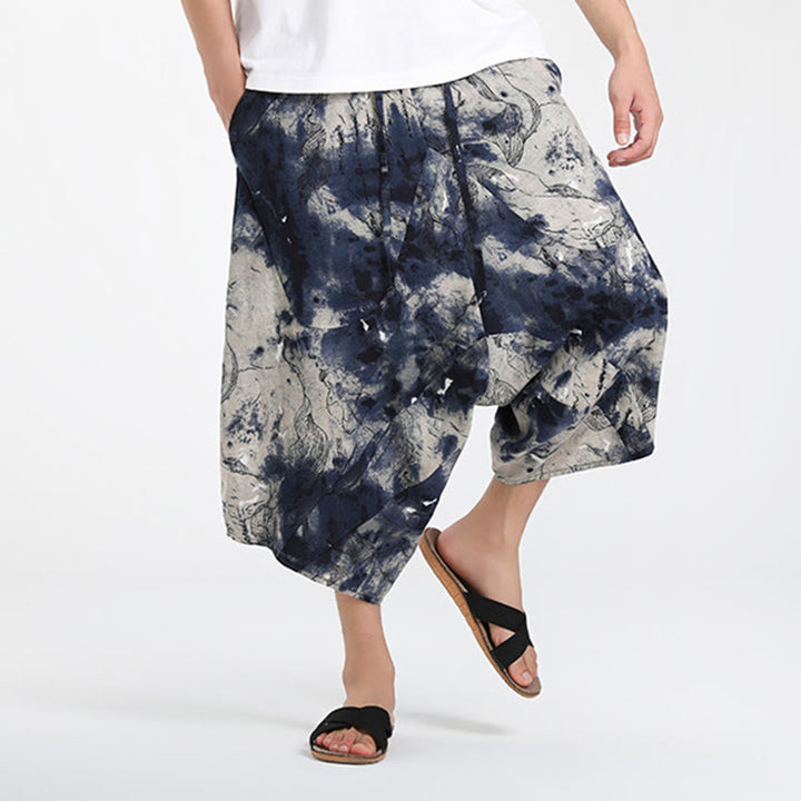Buddha Stones Letnie, swobodne spodnie capri w stylu boho ze ściągaczem i abstrakcyjną geometrią, męskie spodnie haremowe z kieszenią - image 37