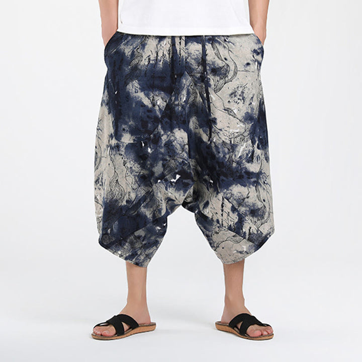 Buddha Stones Letnie, swobodne spodnie capri w stylu boho ze ściągaczem i abstrakcyjną geometrią, męskie spodnie haremowe z kieszenią - image 33