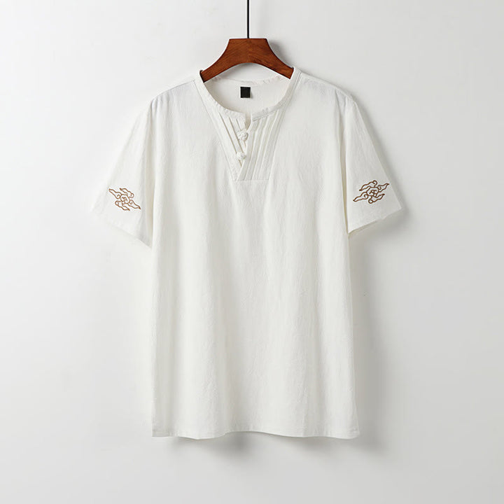 Buddha Stones Letnie koszule męskie z krótkim rękawem w stylu Tang z żabą i haftem w chmury - Biały - US/UK/AU54, EU64 (9XL) - image 12