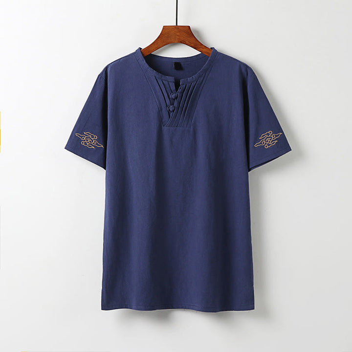 Buddha Stones Letnie koszule męskie z krótkim rękawem w stylu Tang z żabą i haftem w chmury - DarkSlateBlue - US/UK/AU54, EU64 (9XL) - image 11
