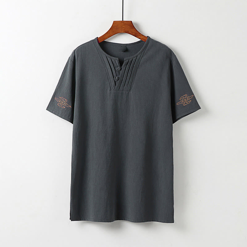 Buddha Stones Letnie koszule męskie z krótkim rękawem w stylu Tang z żabą i haftem w chmury - DimGray - US/UK/AU54, EU64 (9XL) - image 1