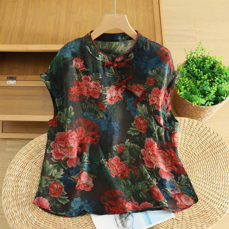 Buddha Stones Letni, elegancki top bez rękawów w stylu Tang z kołnierzykiem stójkowym i motywem piwonii w kwiaty - Czarny - US12, UK/AU16, EU44 (2XL) - image 0