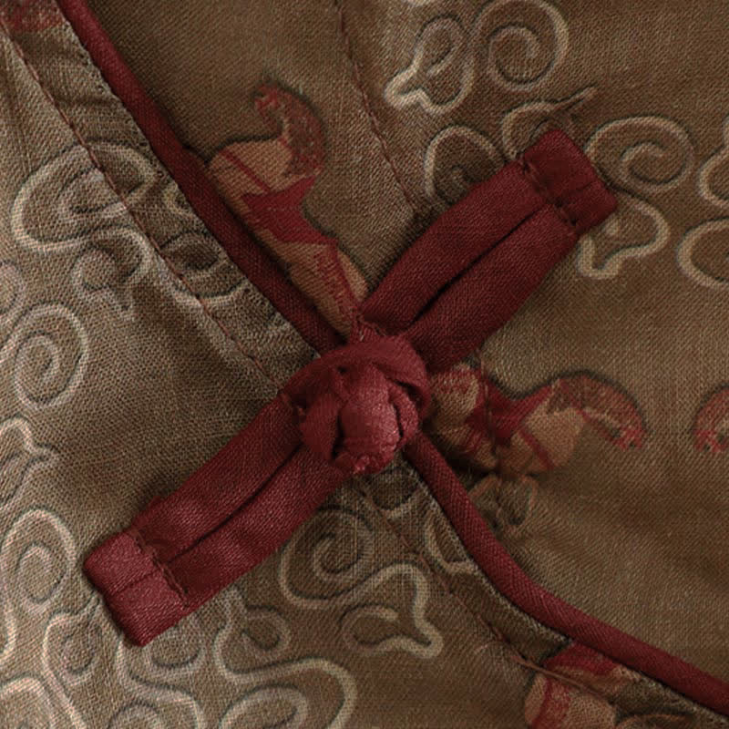 Buddha Stones Letnia koszulka bez rękawów damska w stylu Tang z kołnierzykiem typu stójka i żabą na guziki w kwiaty w kształcie konia - image 7