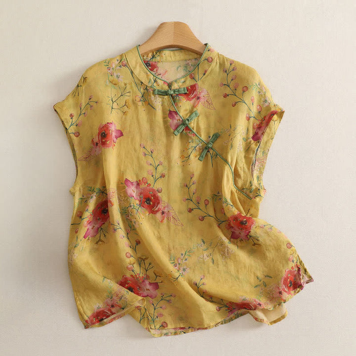 Buddha Stones Letnia koszulka damska bez rękawów w stylu Tang z żabą i kwiatowym nadrukiem w stylu orchidei - Khaki - Bez rękawów - US12, UK/AU16, EU44 (2XL) - image 21