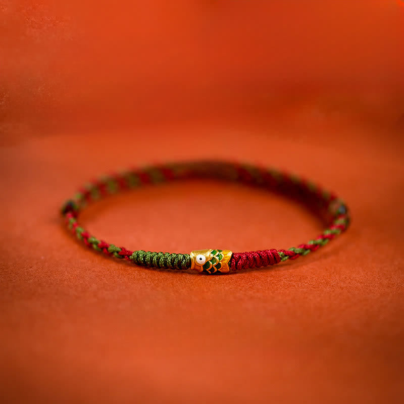 Buddha Stones Bransoletka na kostkę z plecionego, kolorowego, czerwono-zielonego sznurka z motywem ryby Koi - Zielona ryba Koi - Bransoletka na kostkę (obwód: 7,48-10,63 cala / 19-27 cm) - image 0