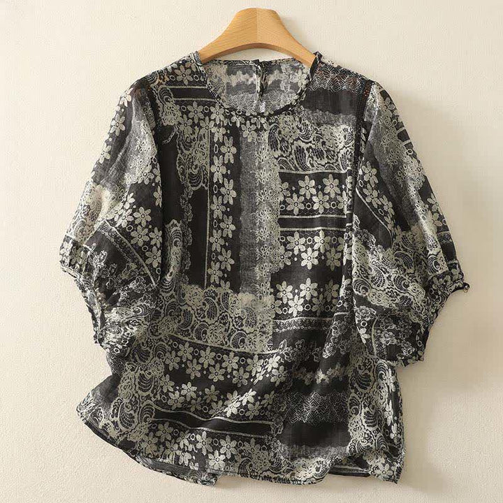 Buddha Stones Letnie, swobodne, vintage'owe, czarne, kwiatowe, patchworkowe koszule damskie z krótkim rękawem - Czarny - US8-10, UK/AU12-14, EU40-42 (2XL) - image 0
