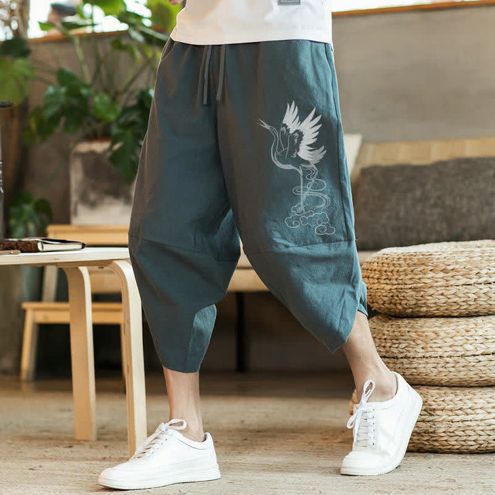 Buddha Stones Letnie, swobodne, vintage'owe spodnie capri męskie z nadrukiem żurawia i sznurkiem, haremowe, z kieszenią - CadetBlue - US/UK/AU46, EU56 (5XL) - image 0