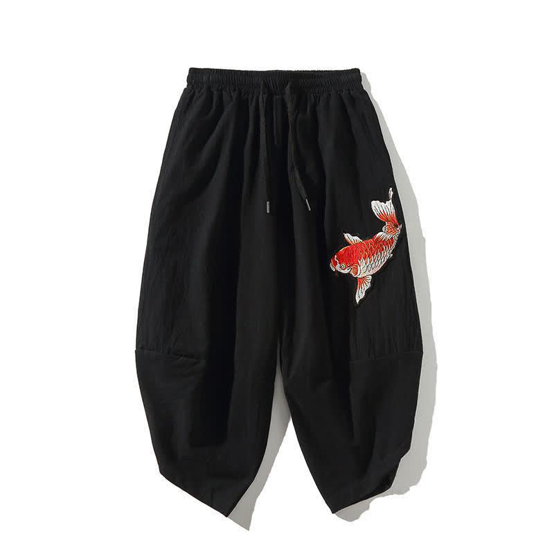 Buddha Stones Letnie spodnie capri w stylu Tang ze ściągaczem i motywem ryby Koi, męskie, haremowe, z kieszenią - Czarny - US/UK/AU46, EU56 (5XL) - image 12