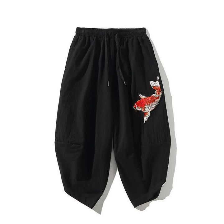 Buddha Stones Letnie spodnie capri w stylu Tang ze ściągaczem i motywem ryby Koi, męskie, haremowe, z kieszenią - Czarny - US/UK/AU46, EU56 (5XL) - image 12