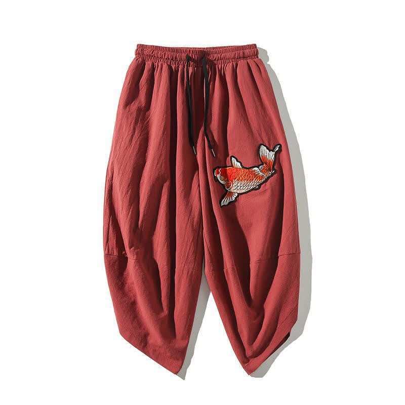 Buddha Stones Letnie spodnie capri w stylu Tang ze ściągaczem i motywem ryby Koi, męskie, haremowe, z kieszenią - IndianRed - US/UK/AU46, EU56 (5XL) - image 0