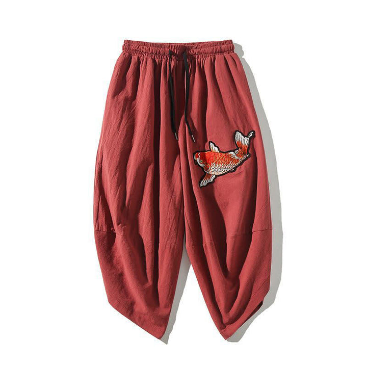 Buddha Stones Letnie spodnie capri w stylu Tang ze ściągaczem i motywem ryby Koi, męskie, haremowe, z kieszenią - IndianRed - US/UK/AU46, EU56 (5XL) - image 0