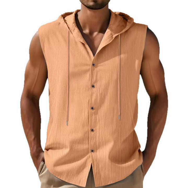 Buddha Stones Letnia, swobodna, minimalistyczna męska koszulka bez rękawów zapinana na guziki i ściągana sznurkiem - image 17