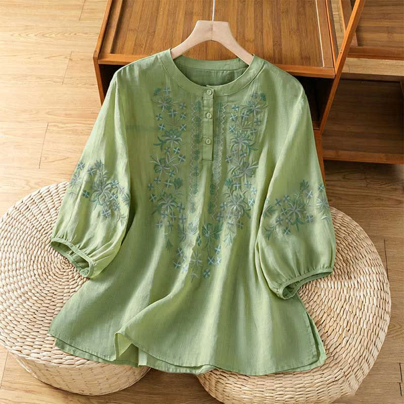 Buddha Stones Letnie, swobodne, vintage'owe, haftowane, kwiatowe koszule damskie z krótkim rękawem - PaleGreen - US8-10, UK/AU12-14, EU40-42 (2XL) - image 0
