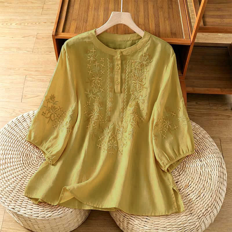 Buddha Stones Letnie, swobodne, vintage'owe, haftowane, kwiatowe koszule damskie z krótkim rękawem - Khaki - US8-10, UK/AU12-14, EU40-42 (2XL) - image 13