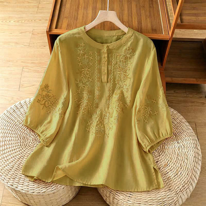 Buddha Stones Letnie, swobodne, vintage'owe, haftowane, kwiatowe koszule damskie z krótkim rękawem - Khaki - US8-10, UK/AU12-14, EU40-42 (2XL) - image 13